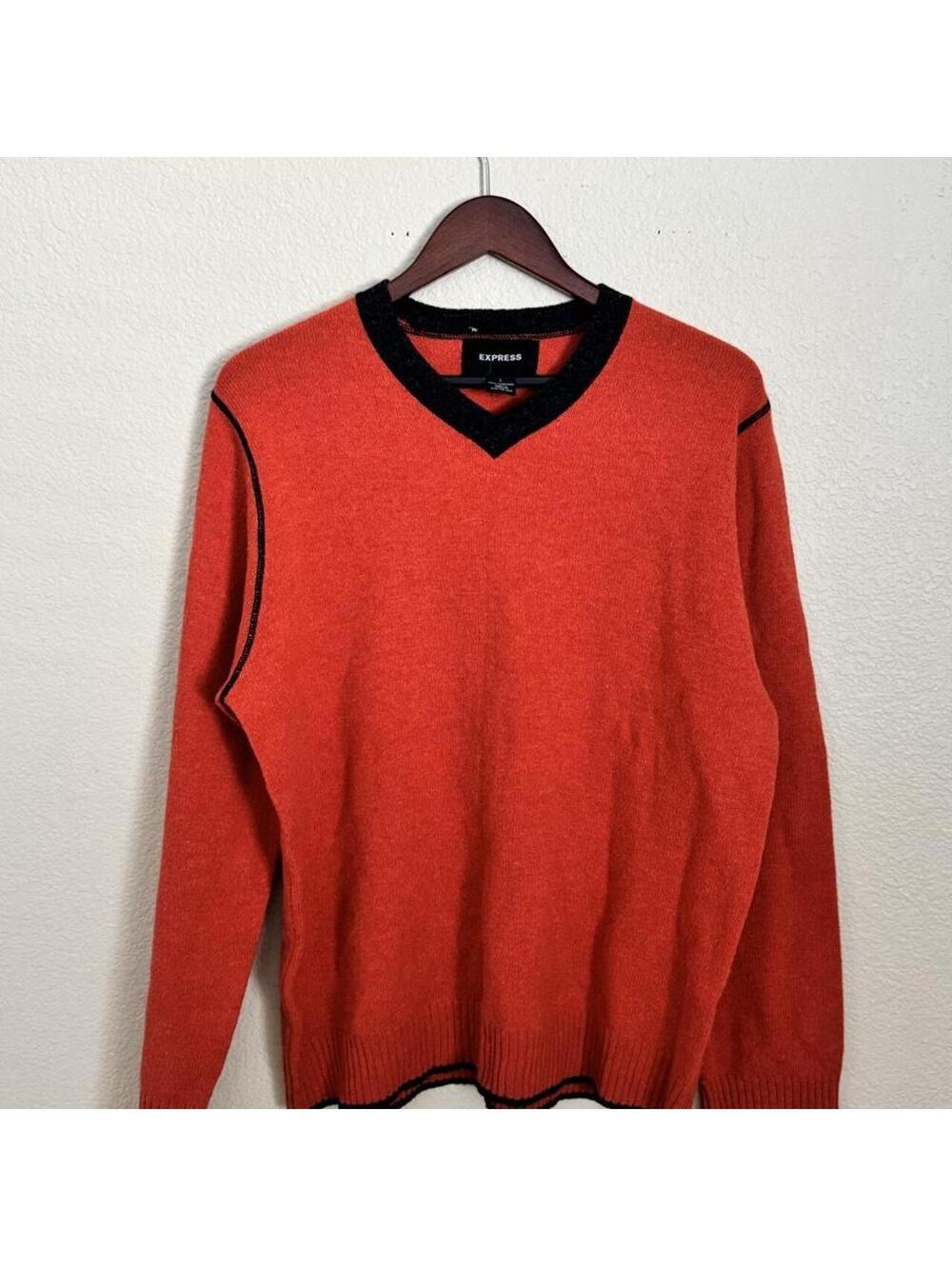Express Men's Orange V-Neck Sweater with Black Trim